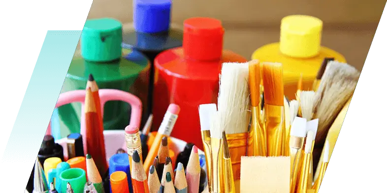 set of paint brush, pencil colors, and paint colors