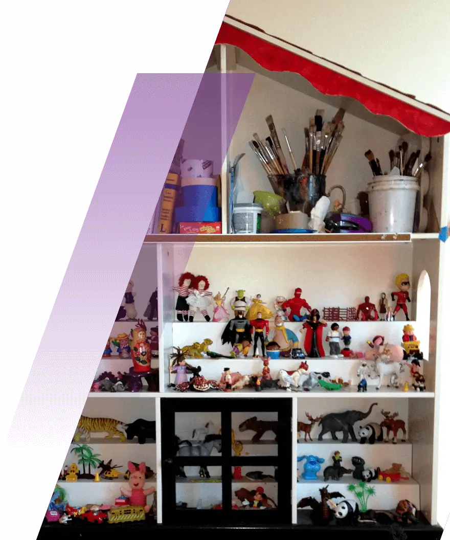 display of paint brushes, miniature toys,